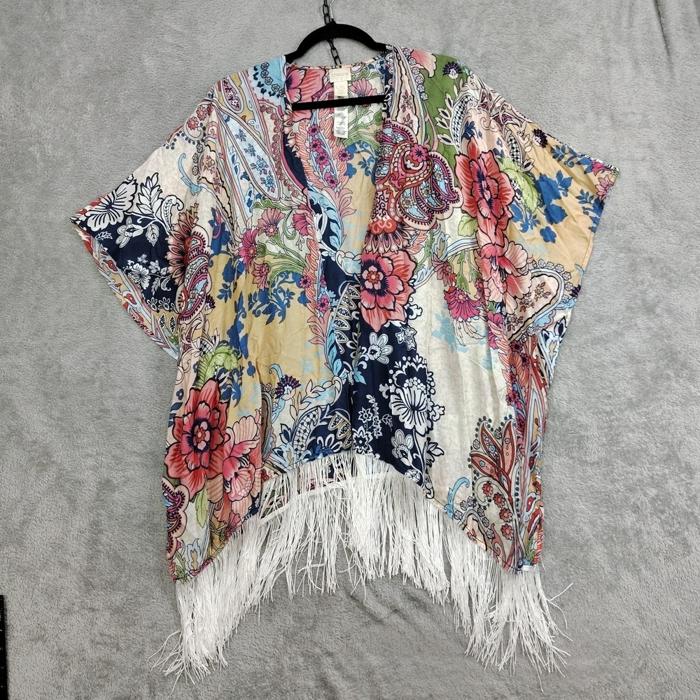 Chico's‎ Womens Size L/XL Butterfly Kimono Ruana Silk Blend Open Front FRINGE